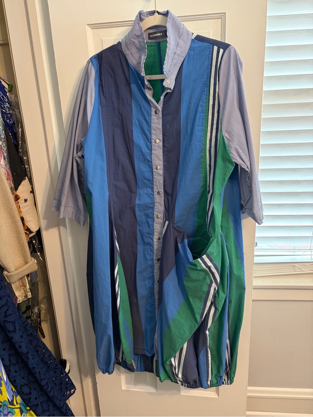 Alembika Casual Striped Button-Down Shirt Dress in Blue & Green